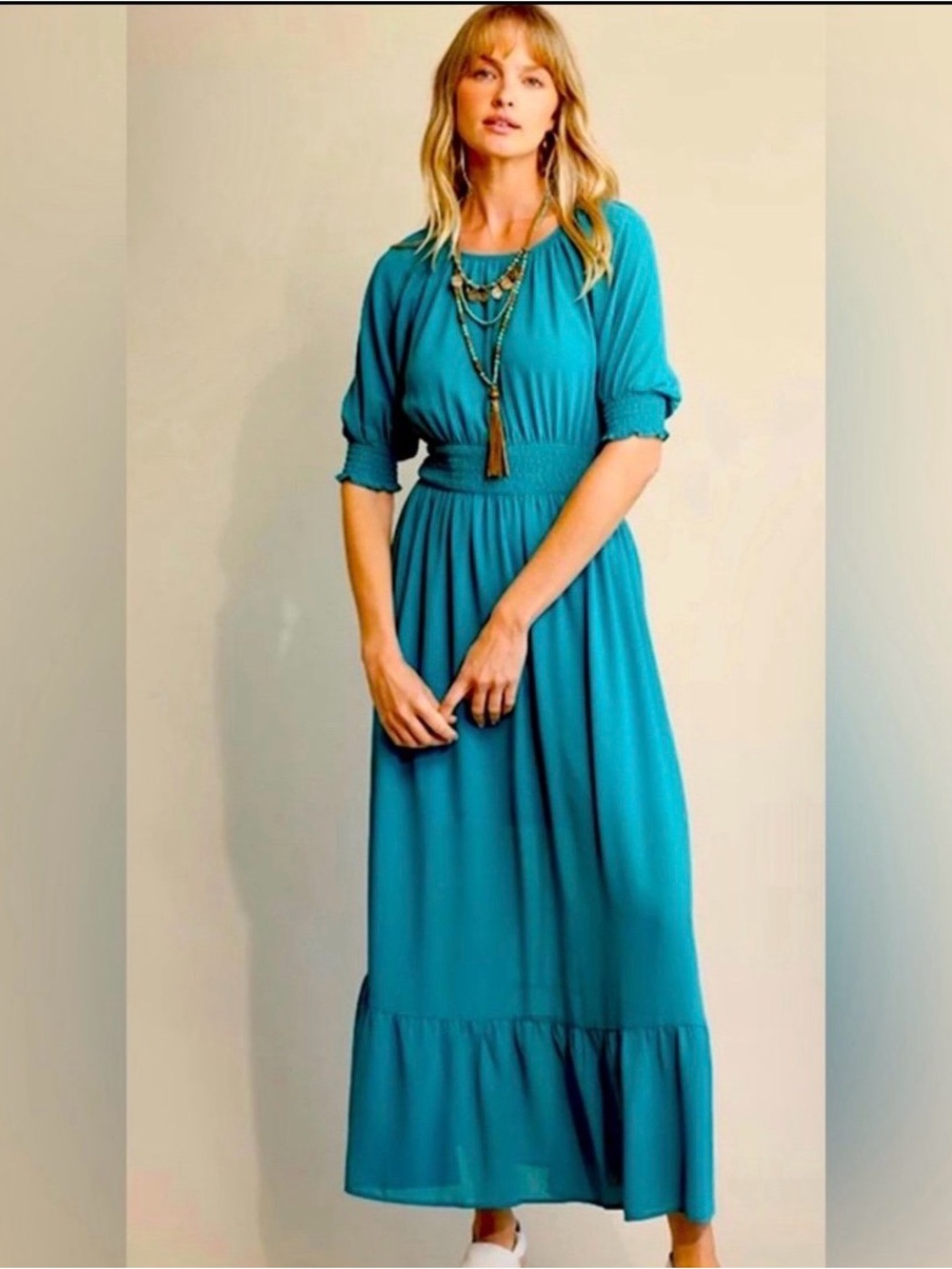 Teal Maxi Dress with Smocked Waist and Short Puff Sleeves